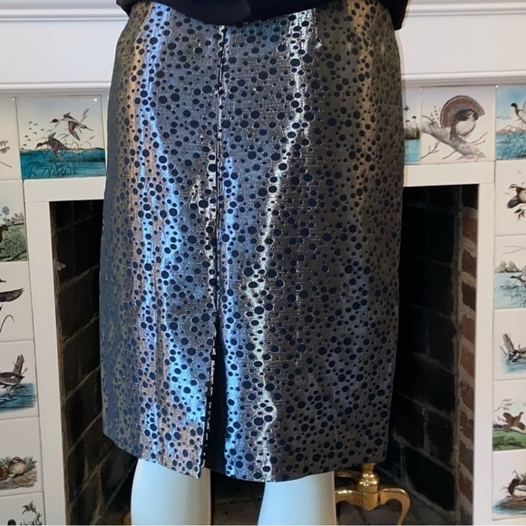 Tahari polka dot metallic skirt features a sexy slit. Fresh from the runway. - Picture 3 of 7
